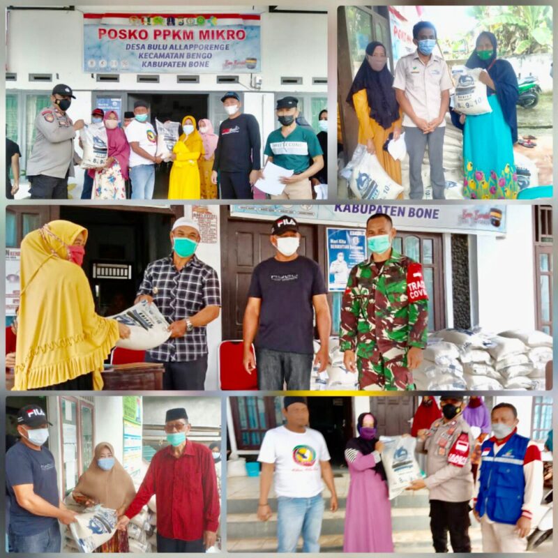 Di Wilayah Kecamatan Bengo, Kabupaten Bone Sulsel . Beras bantuan dampak dari 
Pemberlakuan Pembatasan Kegiatan Masyarakat (PPKM) tahun 2021 dibagikan di halaman Kantor Desa 
masing-masing wilayah.
