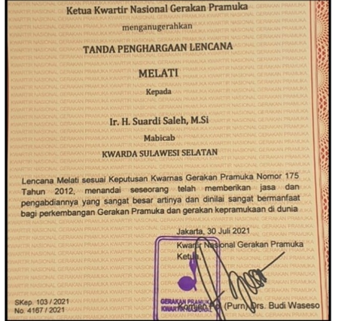Bupati Barru Terima Lencana Melati dari Kwarnas
