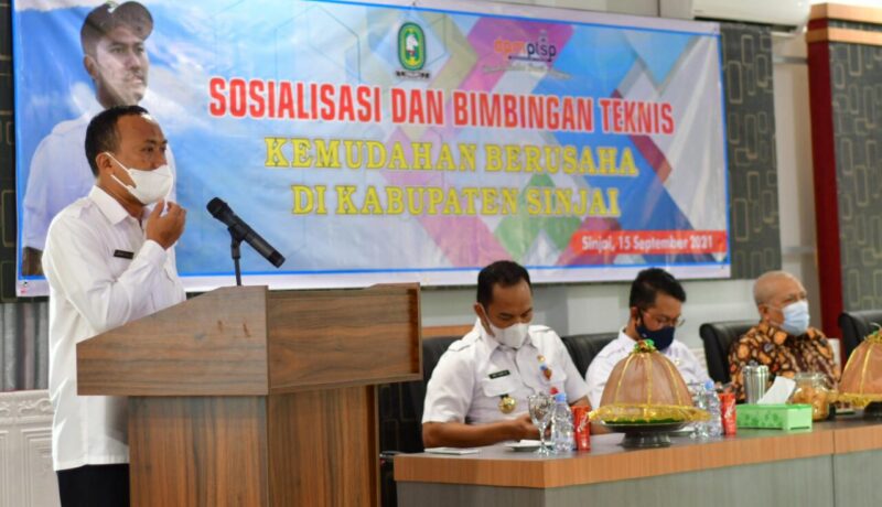 Kepala Dinas PMPTSP Kabupaten Sinjai Lukman Dahlan memberikan sambutan pembukaan Sosialisasi dan Bimbingan Teknis Kemudahan Berusaha yang berlangsung di Aula Pertemuan Wisma Sanjaya Putra Sinjai, Rabu 15 September 2021 kemarin