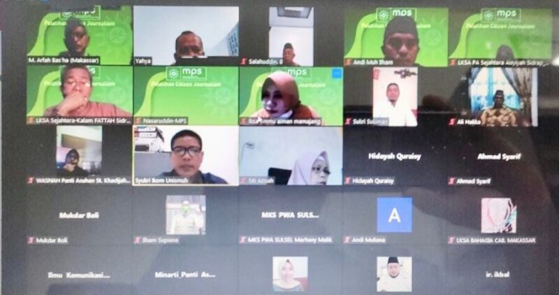 Suasana Pelatihan Citizen Journalism yang digelar MPS PWM Provinsi Sulsel kerjasama Prodi S1 Ilmu Sosial FISIP Unismuh Makassar secara virtual.