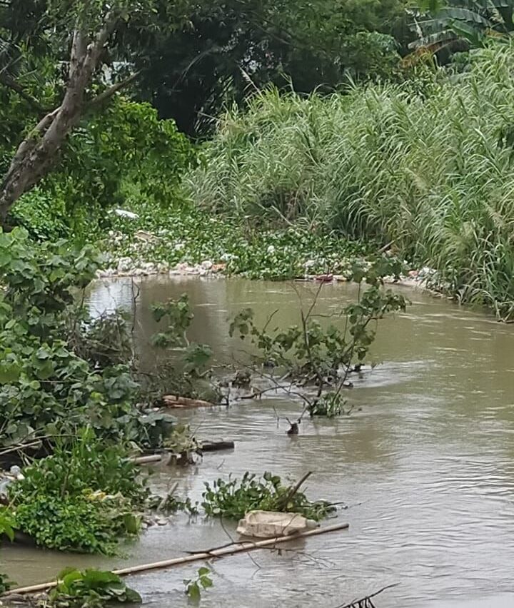 Saluran Pembuang tertutup rumput dan sampah plastik