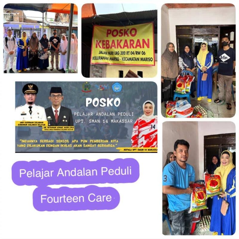 Posko Pelajar Andalan Peduli SMAN 14 Makassar, Memberikan Bantuan Kepada Siswanya yang Mengalami Korban Kebakaran, di Jalan Nuri II, Kecamatan Mariso, Jum'at 20 Januari 2023.