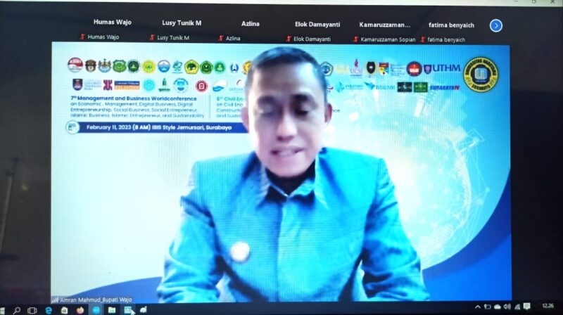 Bupati Wajo, Amran Mahmud, tampil sebagai salah satu pembicara kunci atau keynote speaker pada forum internasional bertajuk 7th Management and Business World Conference serta 8th Civil Engineering World Conference. Dua forum itu digelar secara hybrid (daring dan luring) di Hotel IBIS Style Jemursari, Kota Surabaya, Sabtu (11/2/2023)