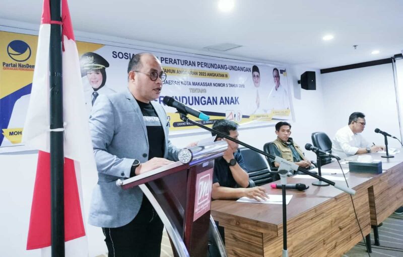 Legislator DPRD Kota Makassar, Fraksi Partai NasDem, Irwan Djafar, Gelar Sosialisasi Peraturan Daerah Nomor 5 Tahun 2018, Tentang Perlindungan Anak, di Grand Maleo Hotel, Minggu 26 Maret 2023.