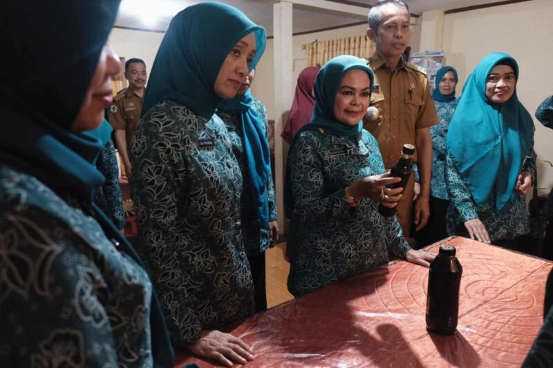 Wakil Ketua TP PKK Kabupaten Gowa, Mussadiyah Rauf, Menyaksikan Demo Pembuatan Gula Aren Cair, di Kecamatan Bungaya, Selasa 9 Mei 2023