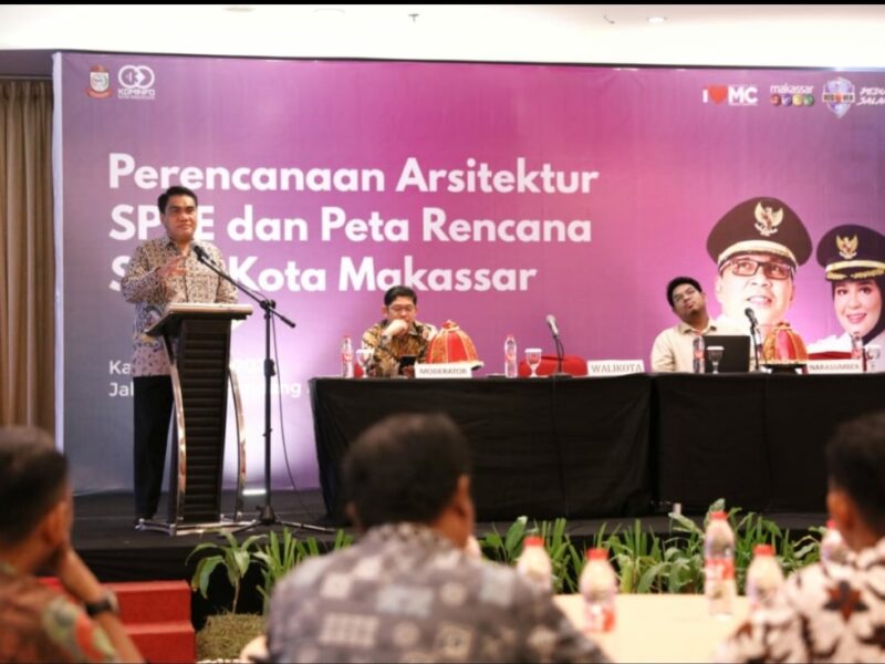 Staf Ahli Bidang Hukum, Politik dan Pemerintahan, Andi Irwan Bangsawan, Membuka Secara Resmi Kegiatan Monitoring, Evaluasi dan Pelaporan Pengembangan Ekosistem SPBE Kota Makassar, di Swissbell Hotel Pantai Losari, Kamis 11 Mei 2023