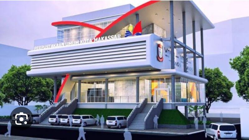 Desain gedung perpustakaan Kota Makassar yang belum rampung karena diduga ada  penyelewengan anggaran yang menyeret oknum kepala dinas perpustakaan