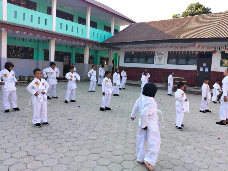 Kegiatan ekstrakurikuler berupa latihan karate di Halaman UPT SDN 240 Pinrang.